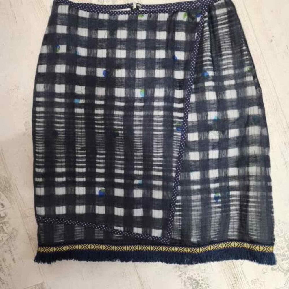 LKNW Nicole Van Dyke uniuqe skirt 36 navy fringe wool silk